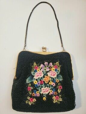 Vintage Embroidered Floral Beaded Black Clutch